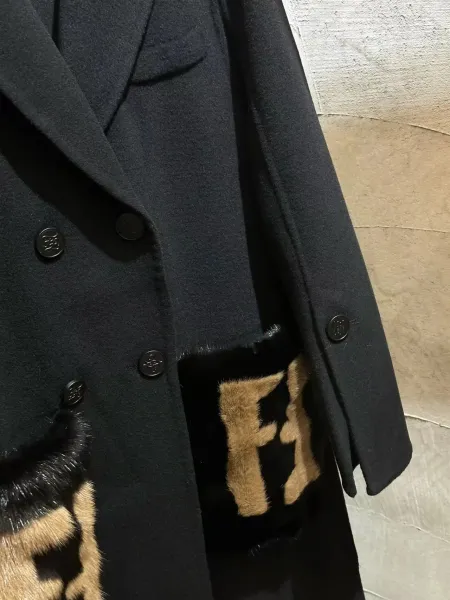 Fendi FF Logo Fur-Trimmed Wool Coat Black Outerwear.coat - 6