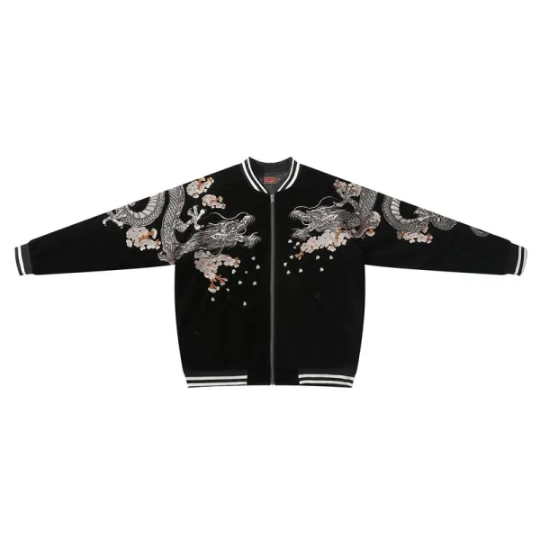 Design Dragon Embroidery Bomber Jacket Black Outerwear.jacket - 4
