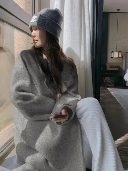 Design Oversized Double-Breasted Wool Coat Beige Outerwear - 4