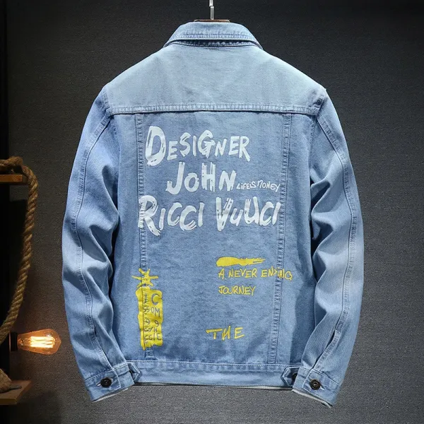 Design Designer John Ricci Vuuci Graphic Print Light Wash Denim Jacket - 1