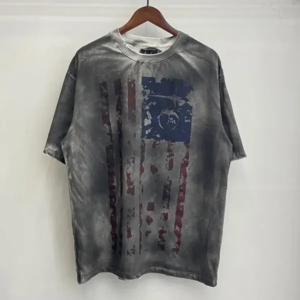 Design Distressed American Flag Print T-Shirt Gray - 1