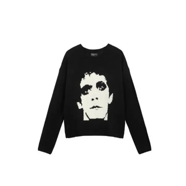 Design Face Print Knit Sweater Black - 1