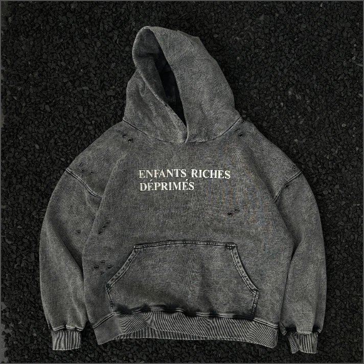 Enfants Riches Déprimés Distressed Denim Hoodie Gray