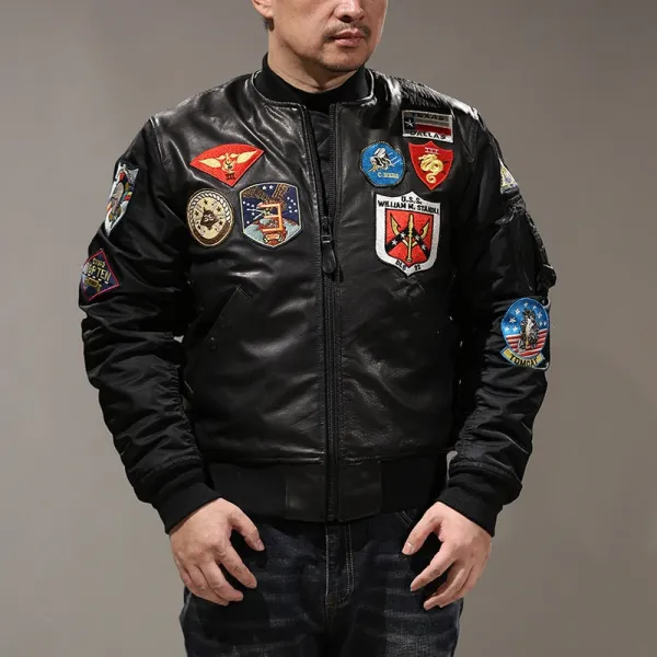 Design MA-1 Style Leather Flight Jacket with Military Patches Black - 1