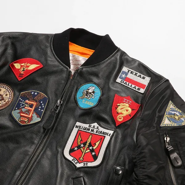 Design Alpha Industries MA-1 Flight Jacket Black Leather with Patch Embellishments Leather Jacket - 14