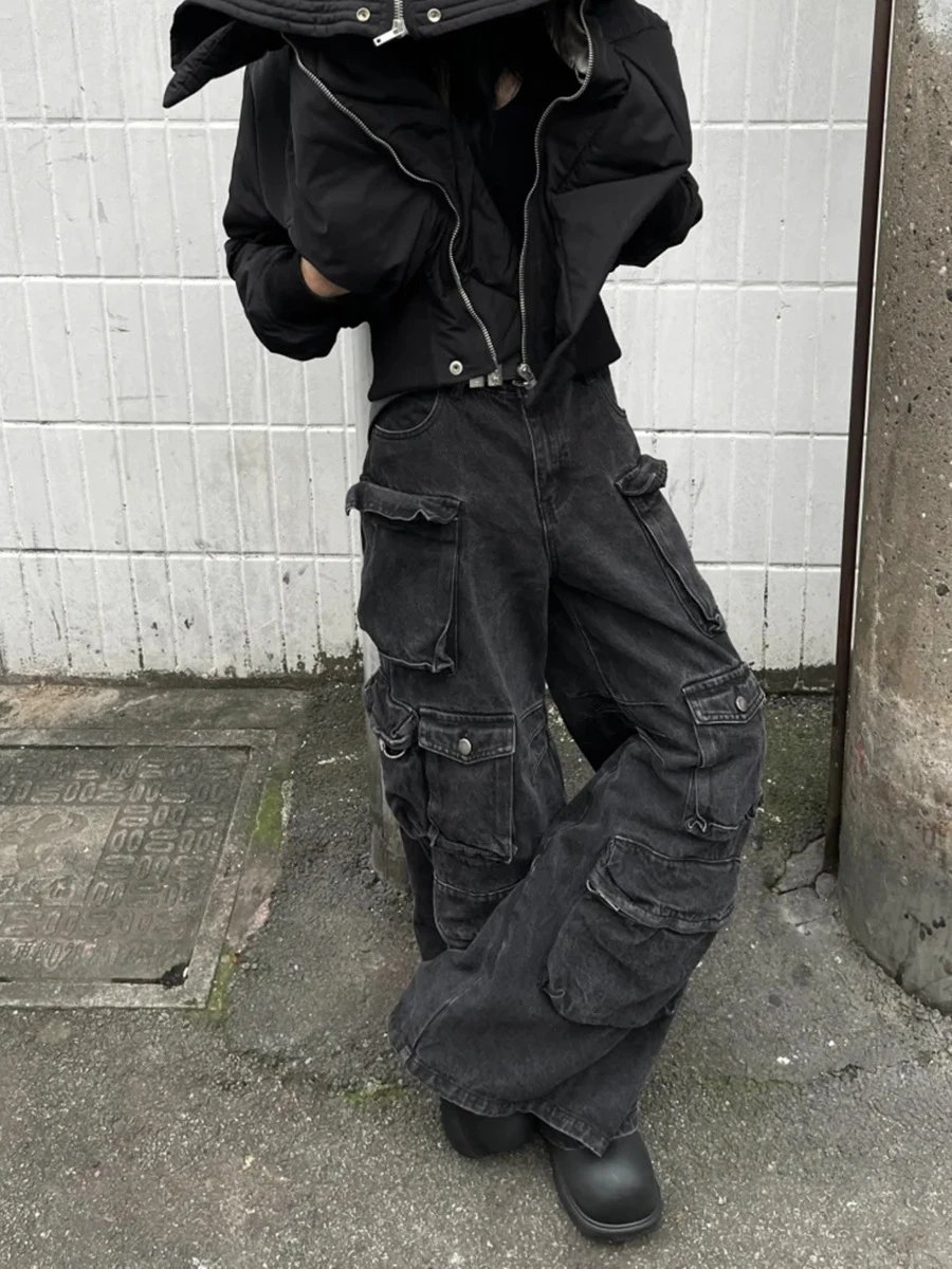 Design Cargo Pants Black Washed Wide-Leg Jeans - 5