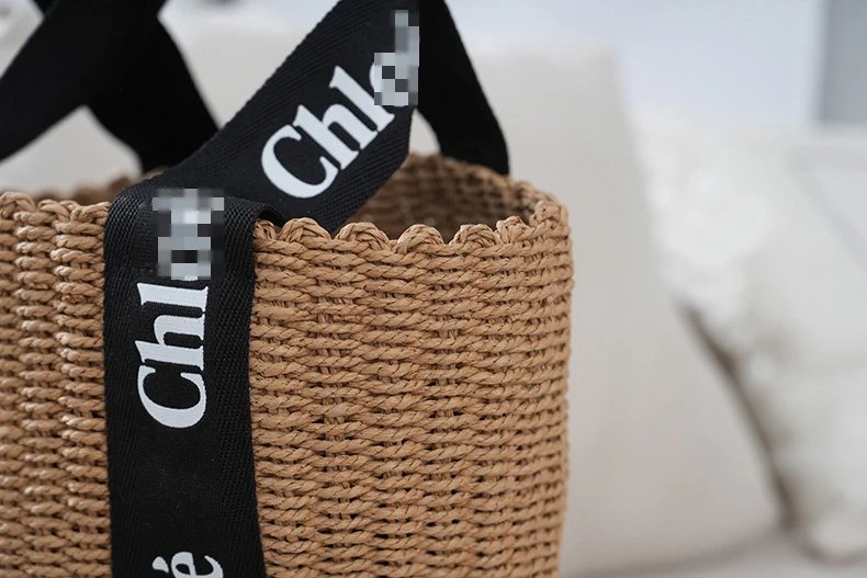 Chloé Woven Straw Bucket Bag with Logo Webbing Handles Handbags - 9