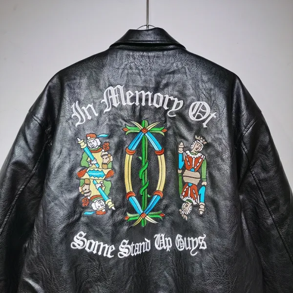Design Embroidered 'In Memory Of' Leather Bomber Jacket Black - 13