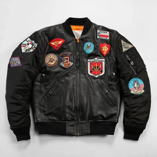 Design Alpha Industries MA-1 Flight Jacket Black Leather with Patch Embellishments Leather Jacket - 1