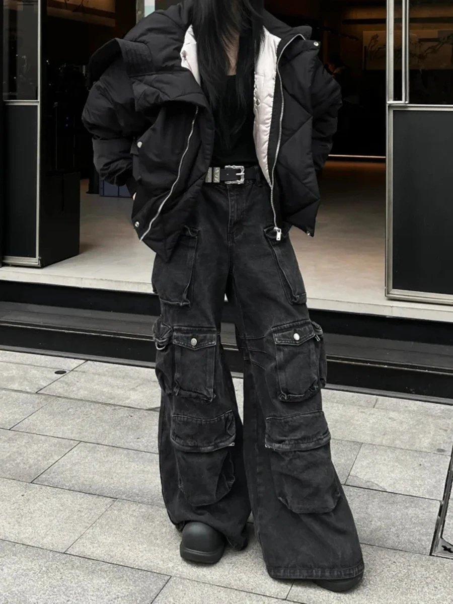 Design Cargo Pants Black Washed Wide-Leg Jeans - 6
