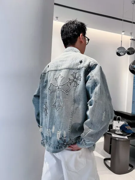 Chrome Hearts Embroidered Distressed Denim Jacket Light Wash Denim-Jacket - 5