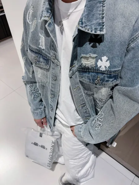 Chrome Hearts Embroidered Distressed Denim Jacket Light Wash Denim-Jacket - 10