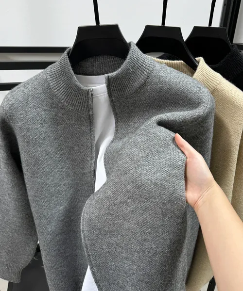 Design Stand-Up Collar Zip-Up Knit Sweater Gray - 5