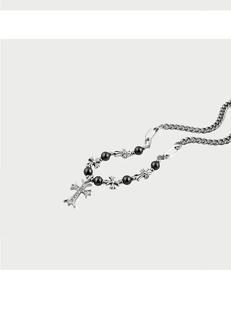 Design Cross-Embellished Beaded Bracelet Set Black and Clear Jewelry - 7