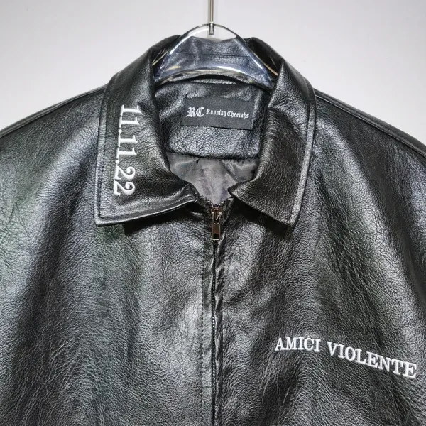 Design Embroidered 'In Memory Of' Leather Bomber Jacket Black - 4