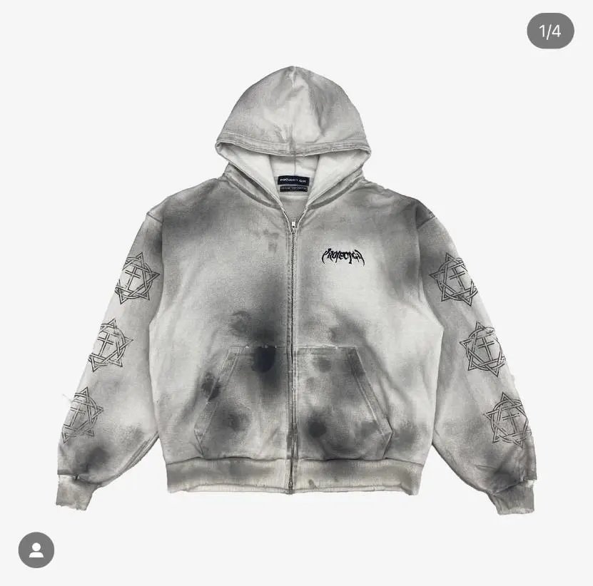 Design Acid Wash Hoodie with Occult Symbols Gray - 2
