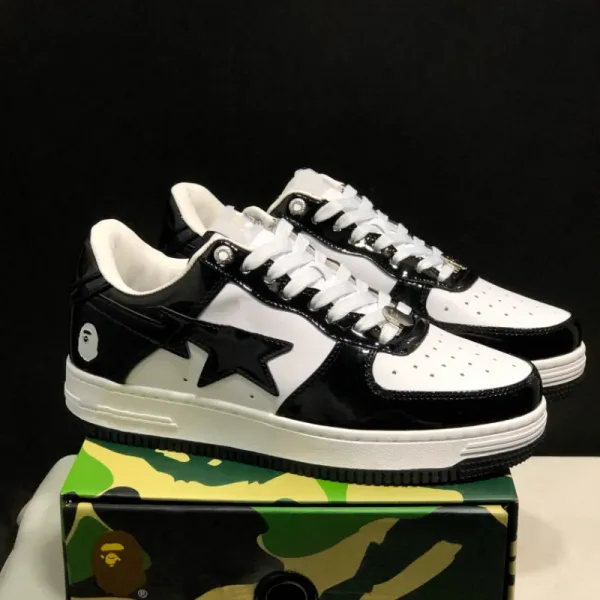 A Bathing Ape Bape Sta Black and White Patent Leather Sneakers - 1
