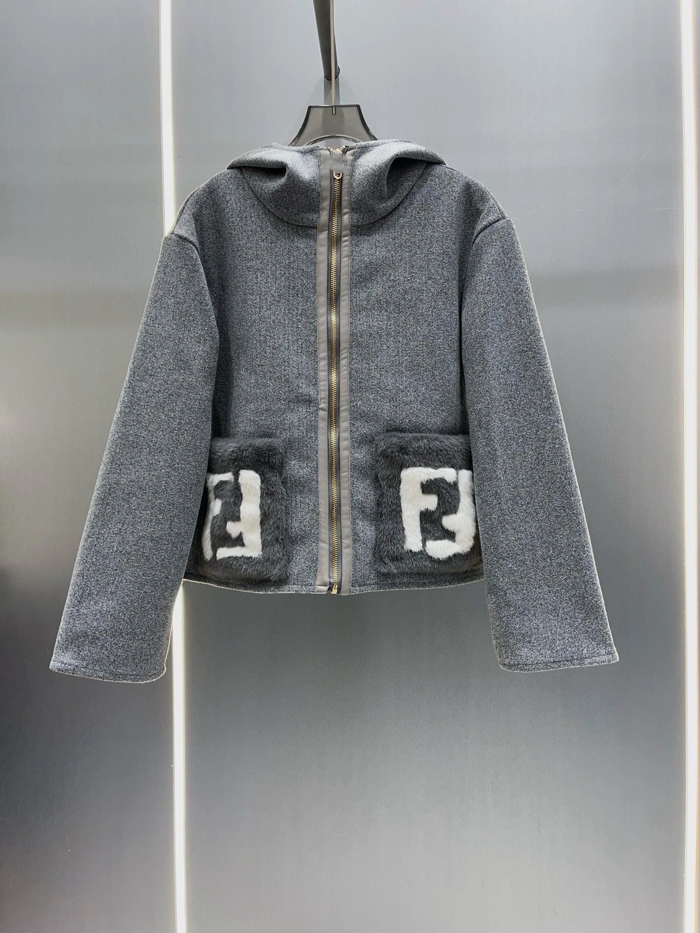Fendi FF Logo Faux Fur Patch Hooded Jacket Black Outerwear - 4