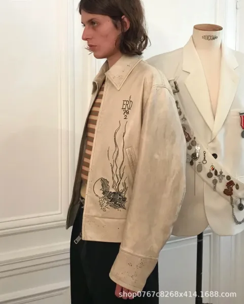 Enfants Riches Déprimés Paint-Splatter Leather Jacket Beige Outerwear - 6
