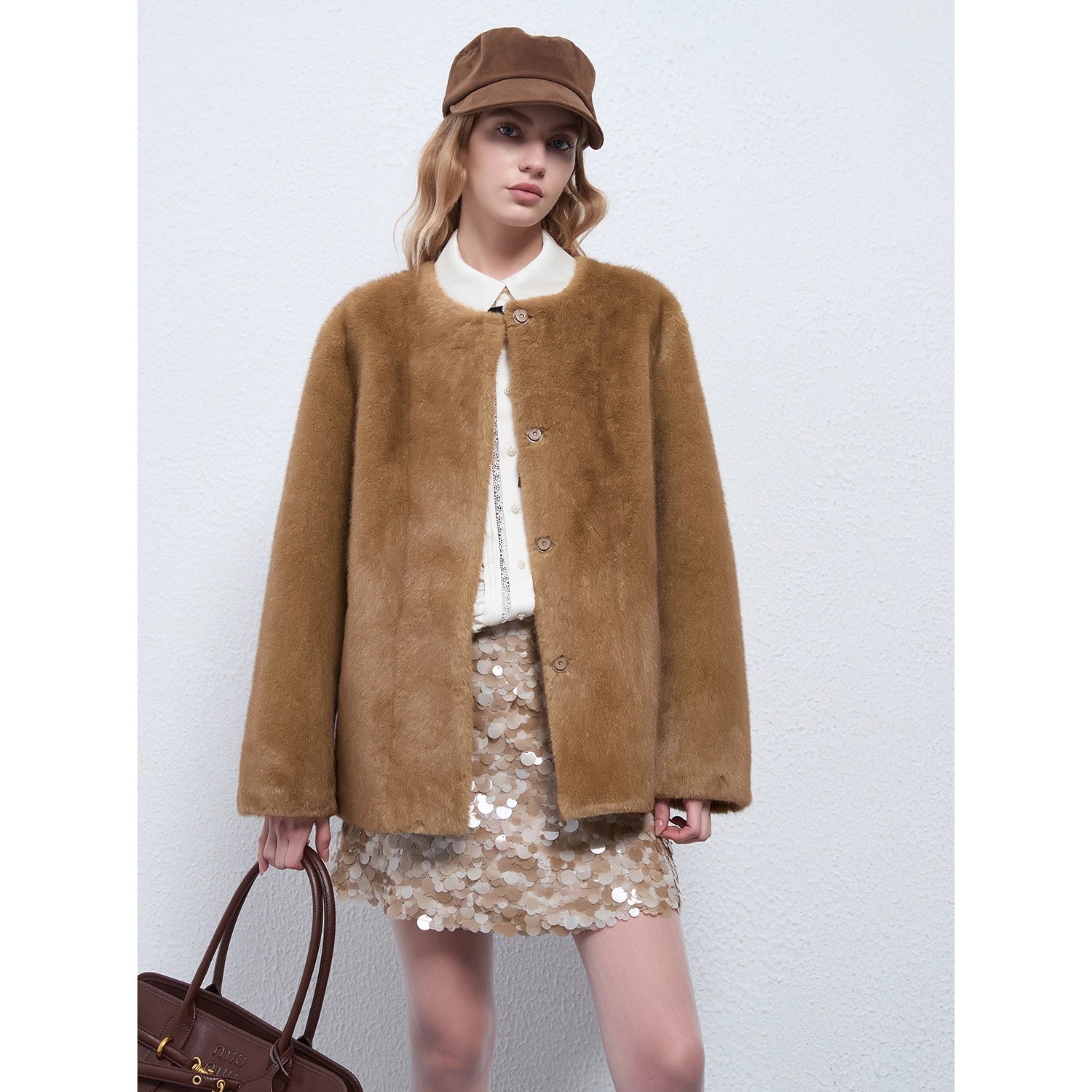 Miu Miu Faux Fur Button-Up Coat Camel Outerwear