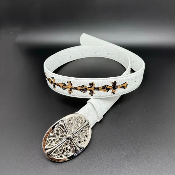 Chrome Hearts Cross Motif White Leather Belt with Leopard-Print Embroidery - 1
