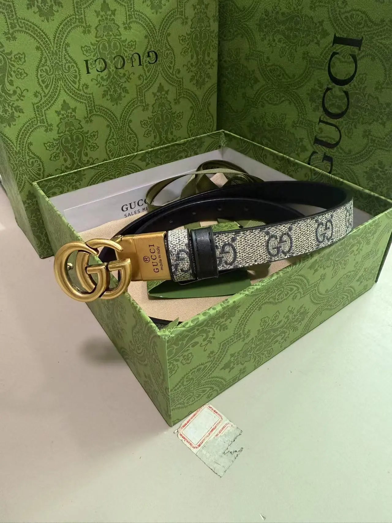 Gucci GG Marmont Web Belt Beige and Black Canvas Belt - 3