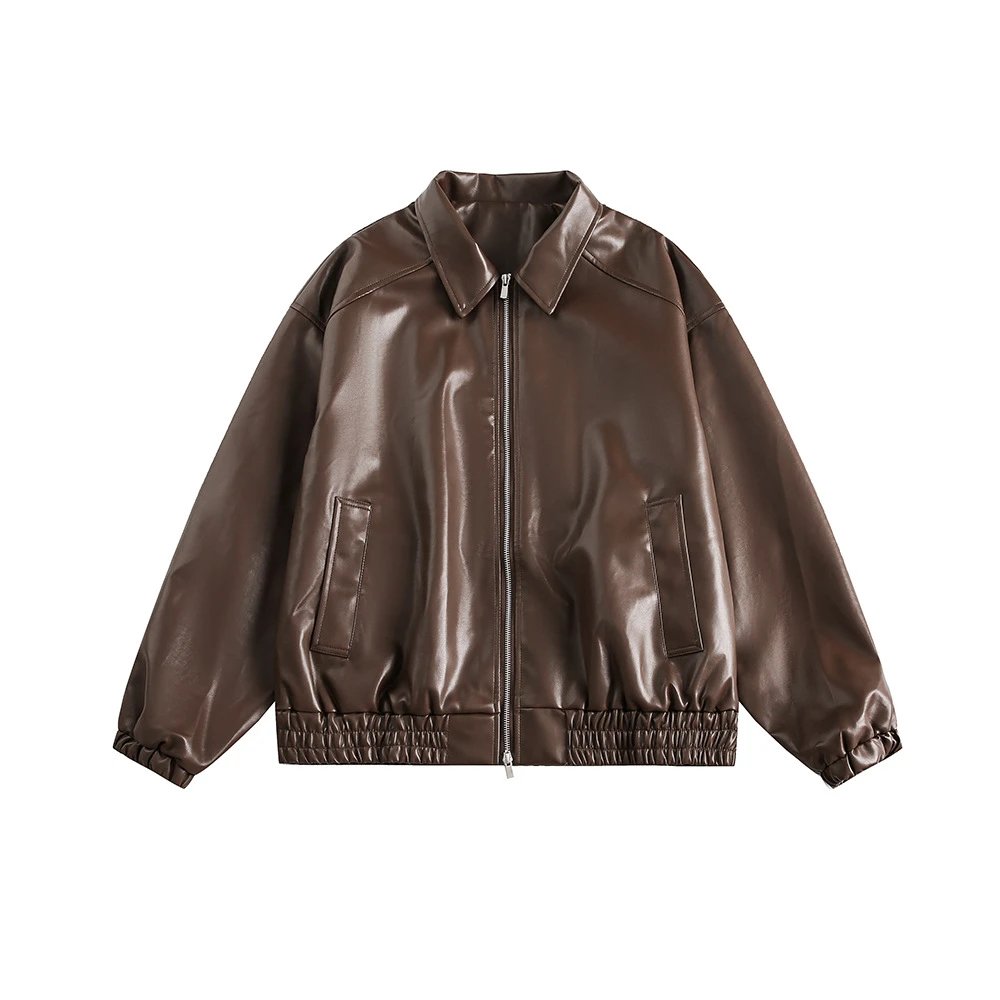 Design Faux Leather Bomber Jacket Brown Outerwear.leather Jacket