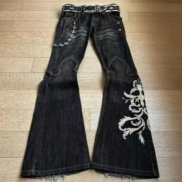 Design Flared Jeans with Baroque Embroidery and Chain Detail Black Jeans - 1