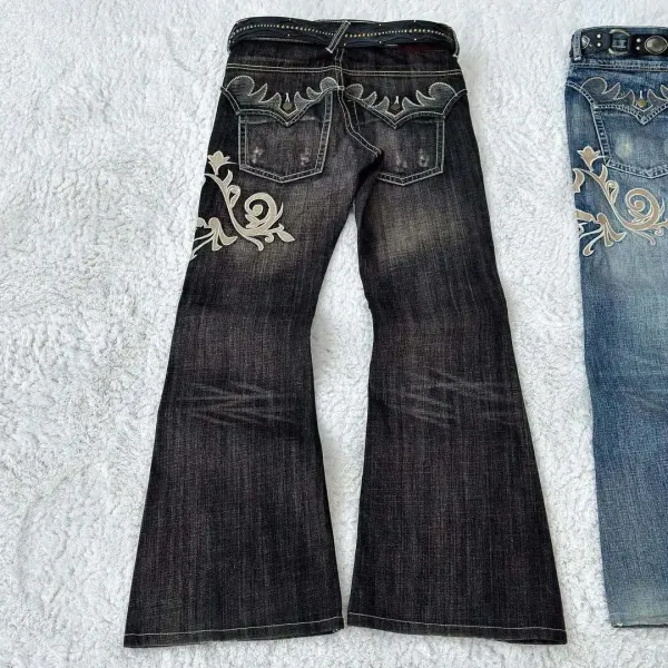 Design Flared Jeans with Embroidered Floral Motif and Chain Detail - 10