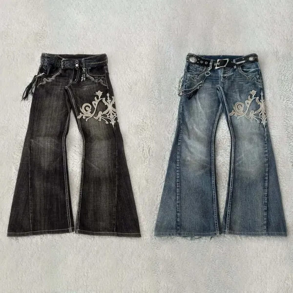 Design Flared Jeans with Embroidered Floral Motif and Chain Detail - 12