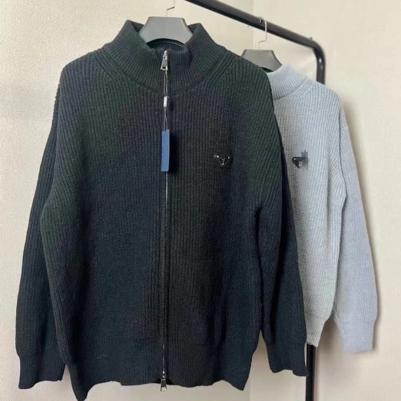 Heavyweight Cable Knit Zipper Hoodie with Metal Triangle Logo, Stand Collar, Couple Style for Men