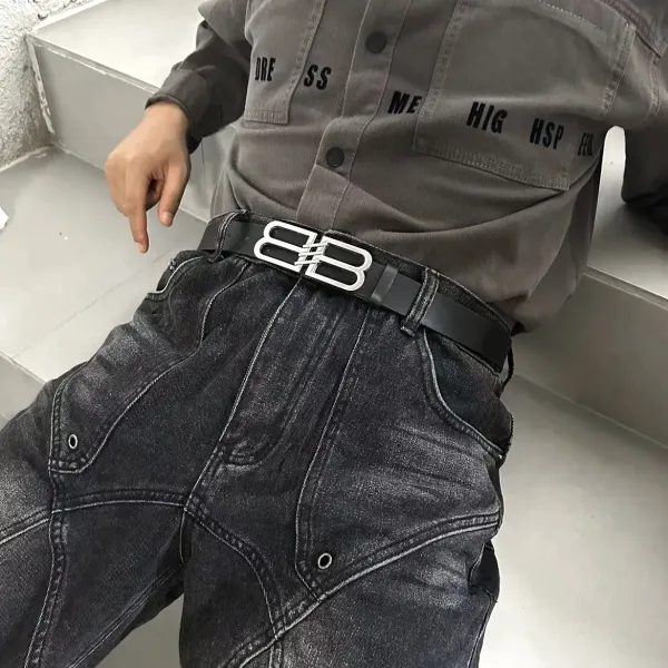 Balenciaga BB Logo Buckle Leather Belt Black - 6