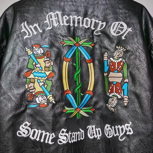 Design Embroidered 'In Memory Of' Leather Bomber Jacket Black - 14