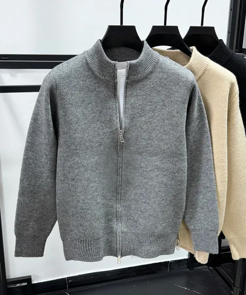Design Stand-Up Collar Zip-Up Knit Sweater Gray - 6