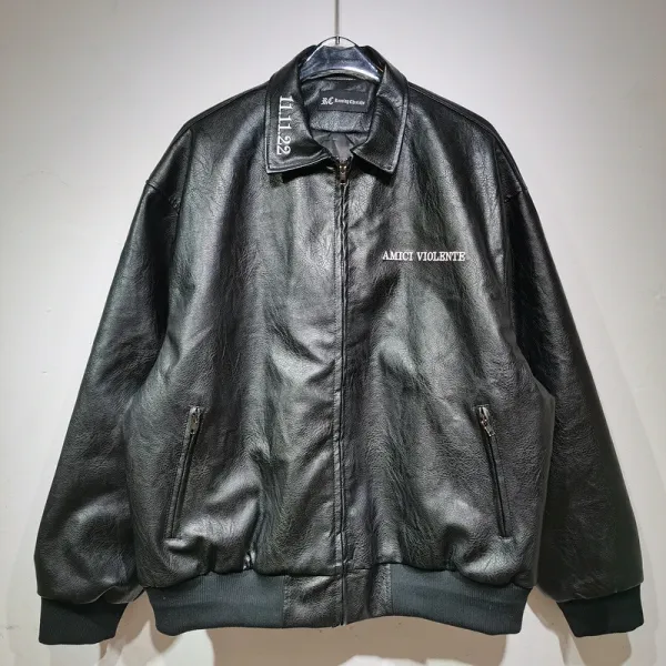 Design Embroidered 'In Memory Of' Leather Bomber Jacket Black - 9