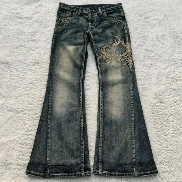Design Flared Jeans with Embroidered Floral Motif and Chain Detail - 6