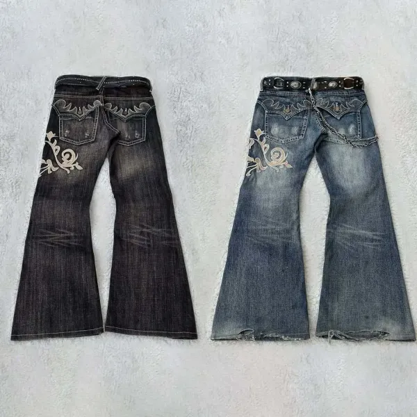 Design Flared Jeans with Embroidered Floral Motif and Chain Detail - 11