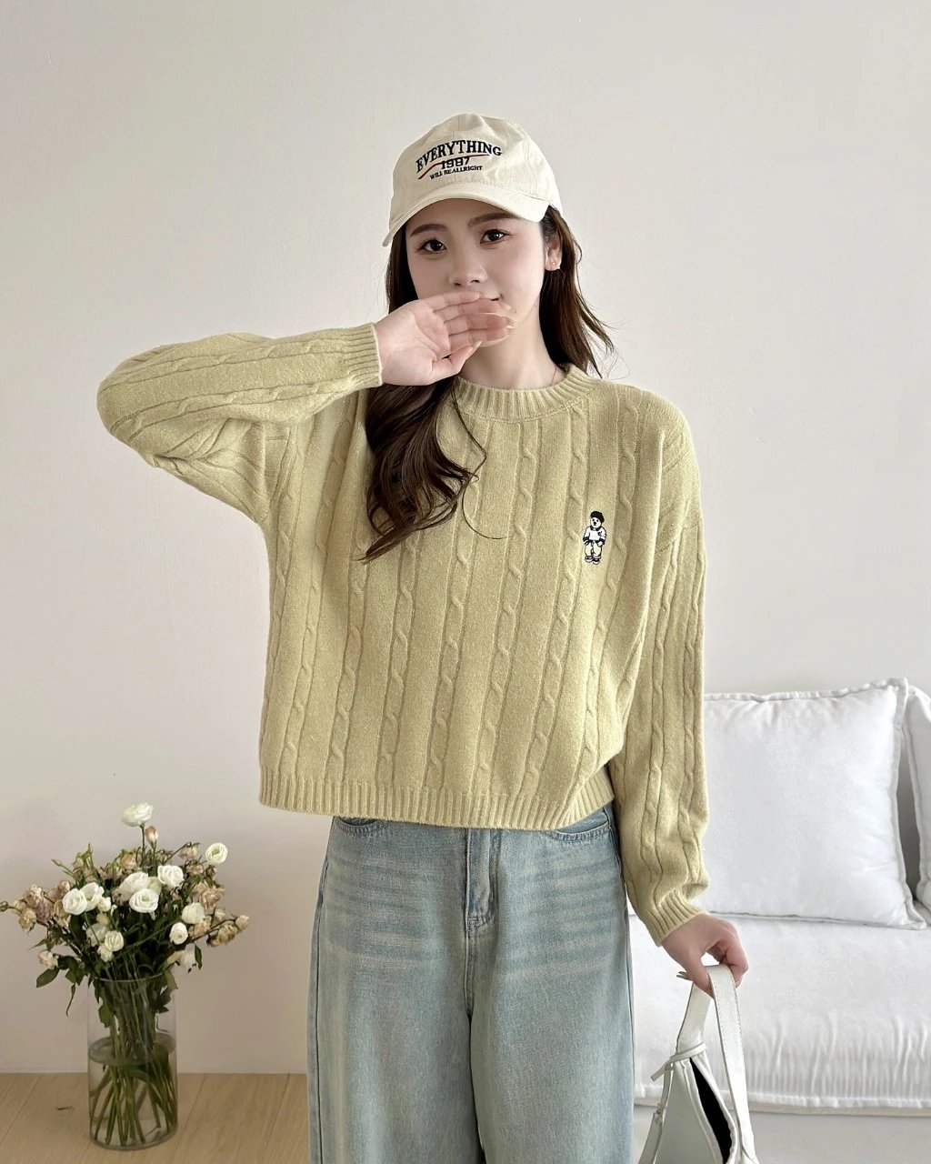 Design Cable Knit Sweater with Bear Embroidery Pink Sweater - 6