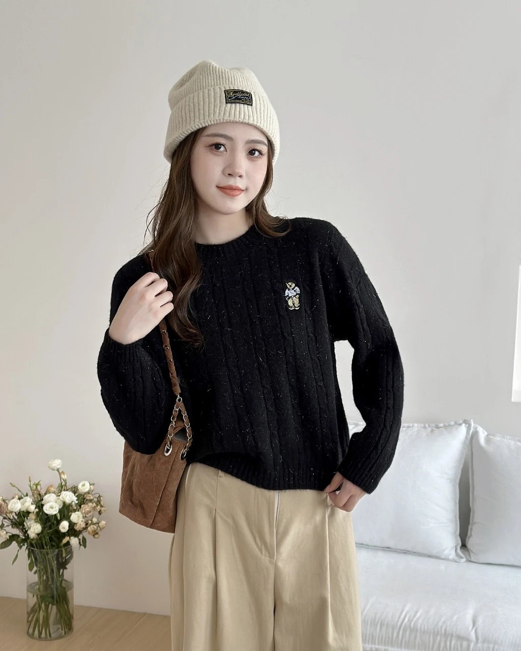 Design Cable Knit Sweater with Bear Embroidery Pink Sweater - 9