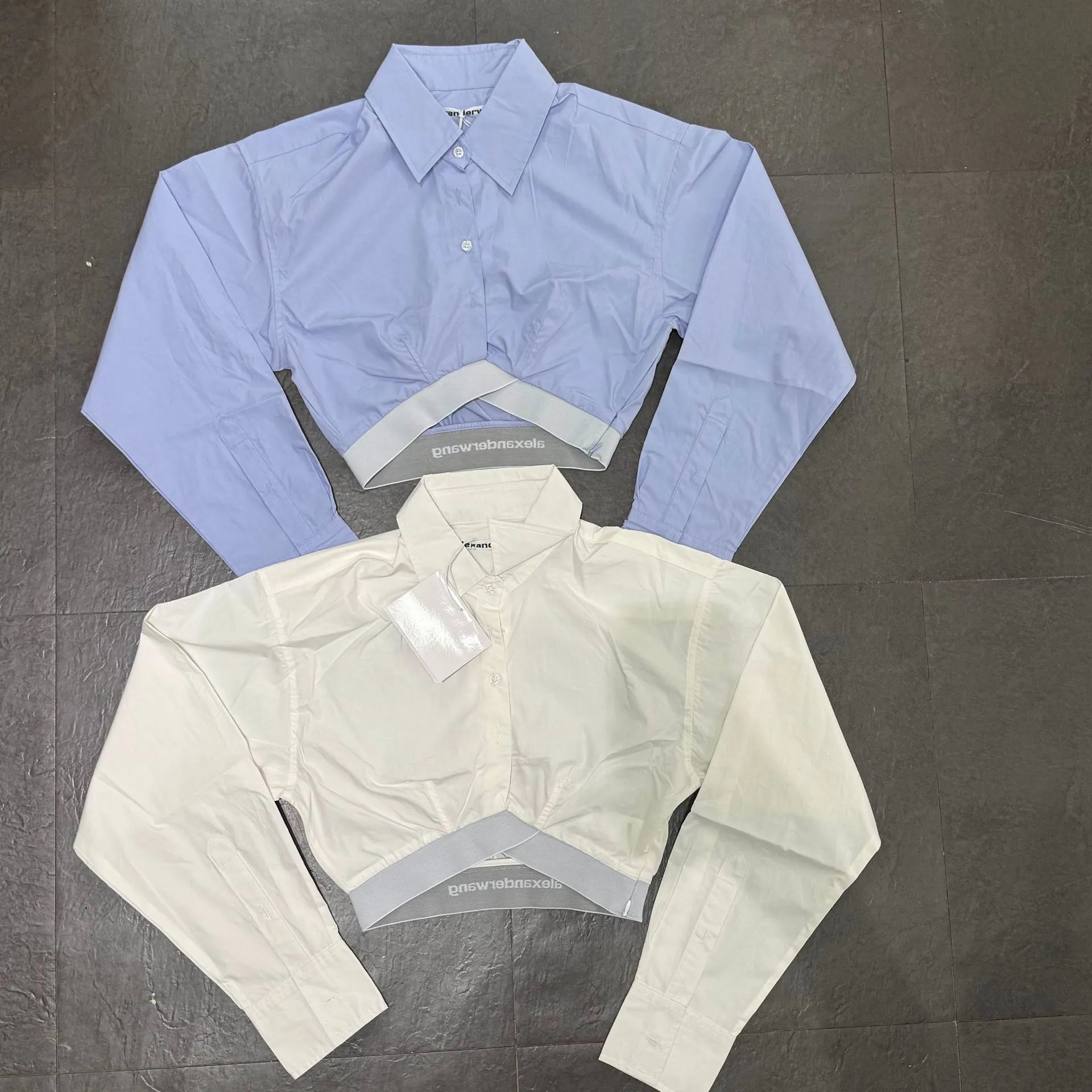 Alexander Wang Cropped Shirt with Elastic Waistband in Light Blue Tops Shirt - 2