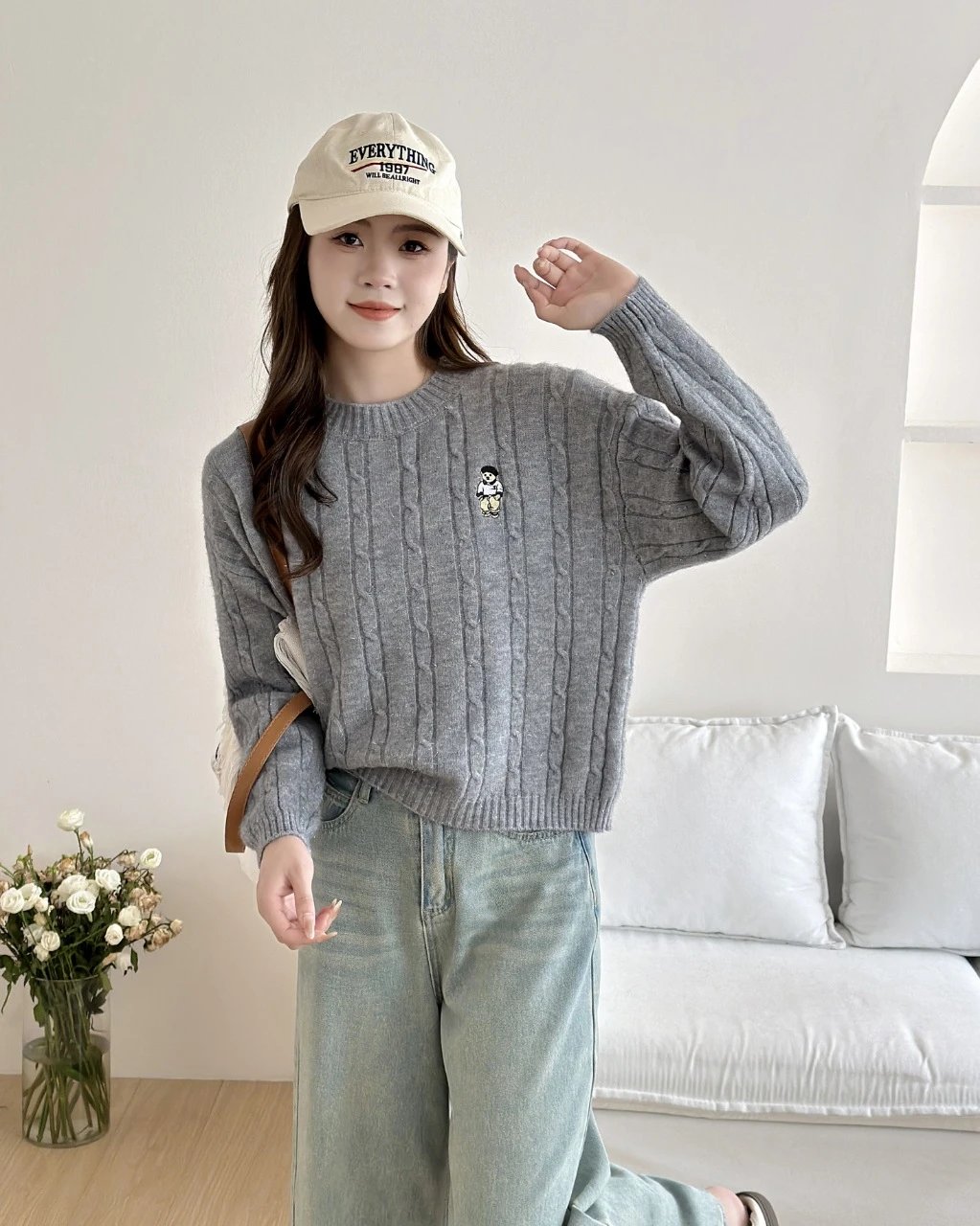 Design Cable Knit Sweater with Bear Embroidery Pink Sweater - 10