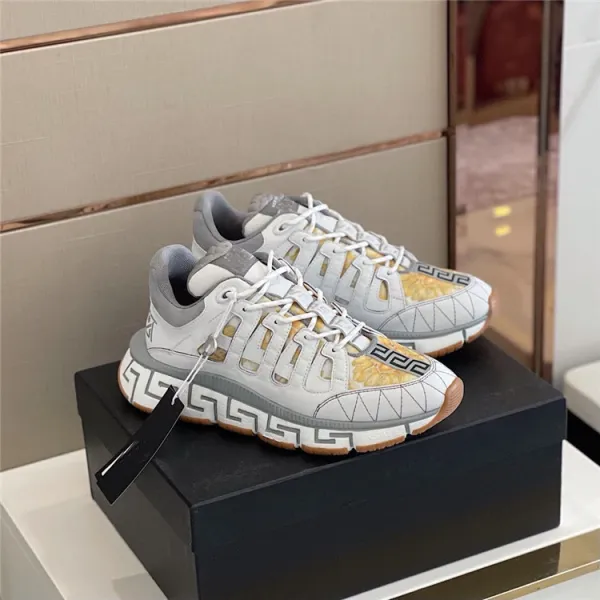 Versace Greca-Print Chunky Sneakers White Gray Gold - 1