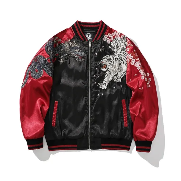 Design Dragon and Tiger Embroidered Satin Bomber Jacket Red Black Outerwear.jacket - 3
