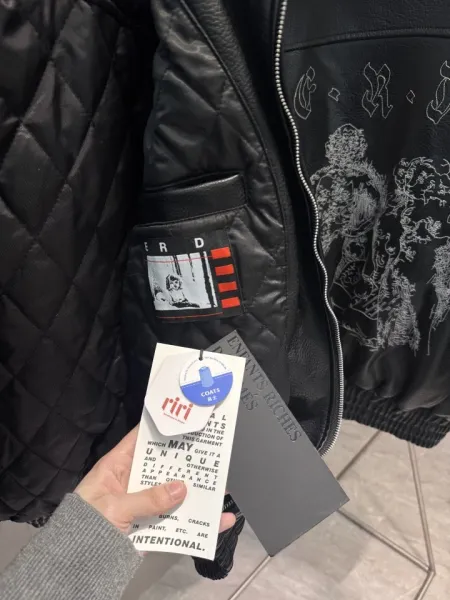 Design Leather Bomber Jacket Black with Graphic Print Outerwear.leather Jacket - 3
