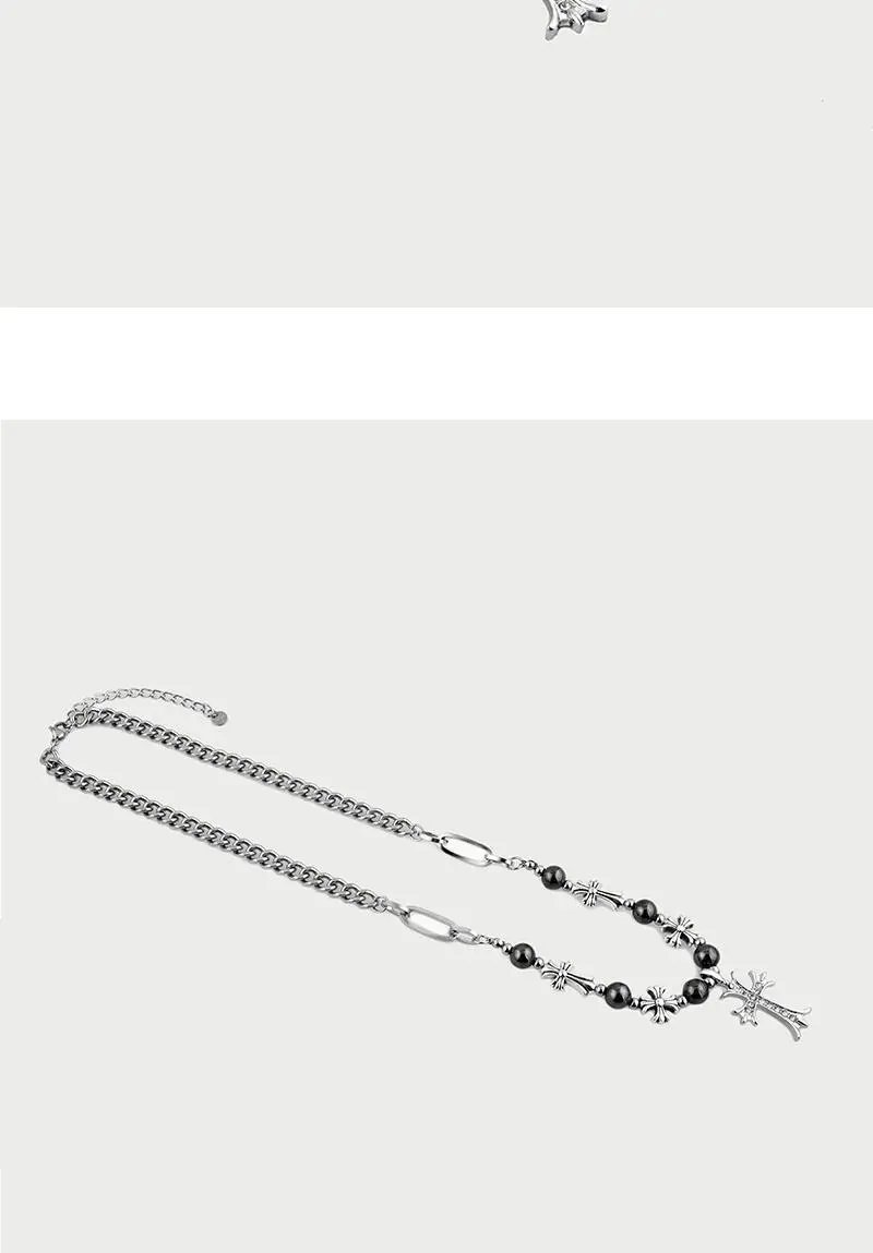 Design Cross-Embellished Beaded Bracelet Set Black and Clear Jewelry - 6