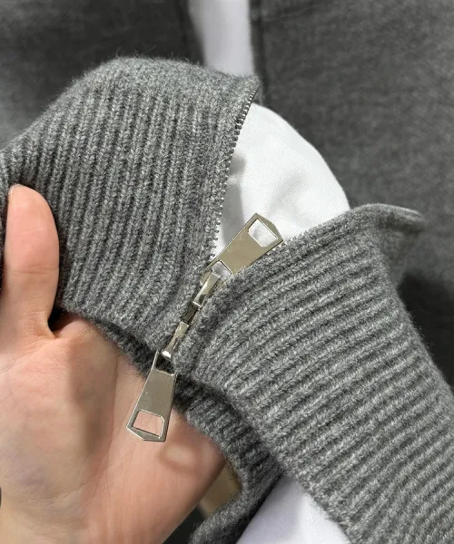 Design Stand-Up Collar Zip-Up Knit Sweater Gray - 4
