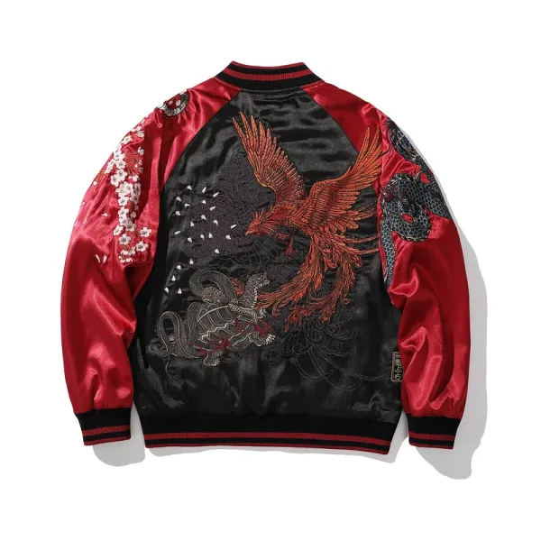 Design Dragon and Tiger Embroidered Satin Bomber Jacket Red Black Outerwear.jacket - 4