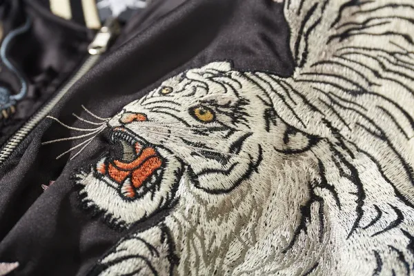 Design Dragon and Tiger Embroidered Satin Bomber Jacket Red Black Outerwear.jacket - 11