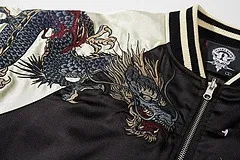 Design Dragon and Tiger Embroidered Satin Bomber Jacket Red Black Outerwear.jacket - 23