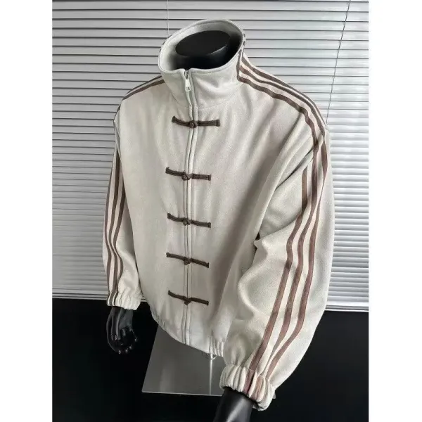 Design Chinese-Inspired Track Jacket Beige with Brown Stripes Jacket Outerwear.jacket - 1